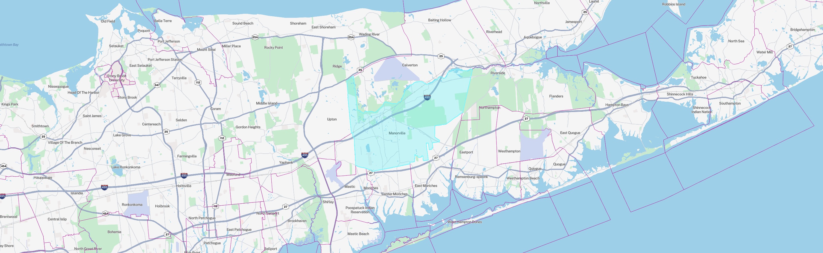 Map of the Manorville Community Ambulance service area highlighted across Manorville and surrounding communities
